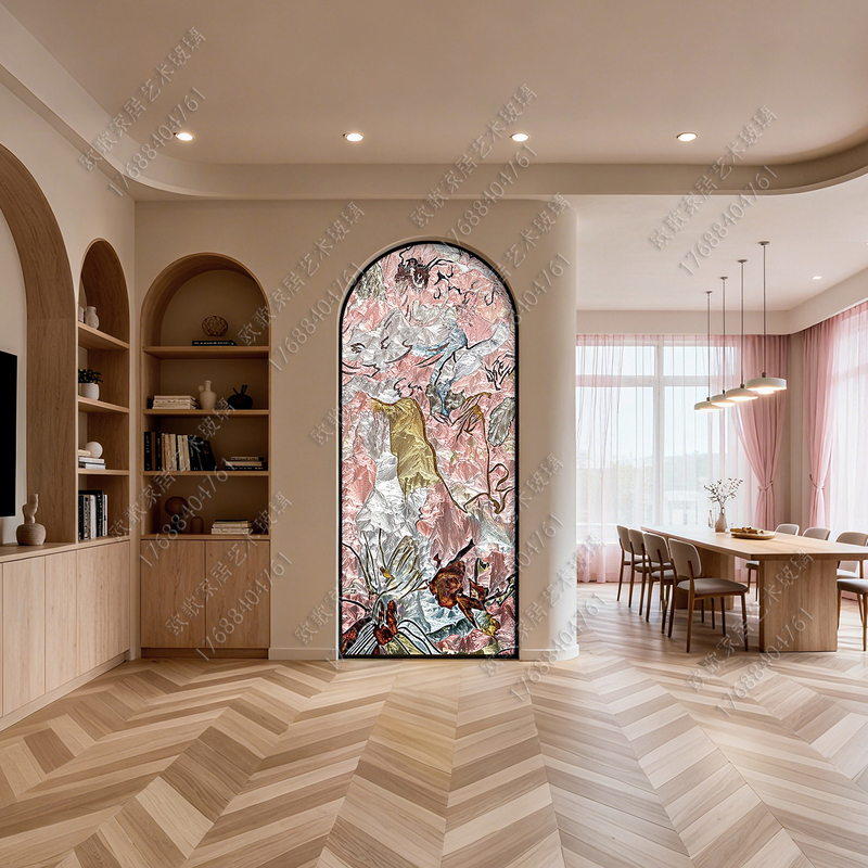 Villa French-Style Vintage Enamel Art Glass Living Room Arched Screen Partition Entryway Door Embedded Foyer Decoration