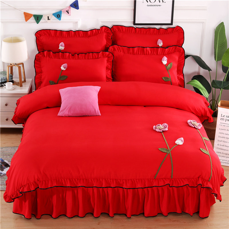 ins new Korean style big red wedding quilt set solid color pink simple handmade three-dimensional flower four-piece set