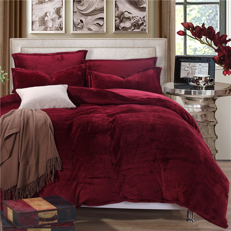 Autumn and winter flannel warm one-piece quilt cover thick coral fleece double-sided plush milk fleece plus quilt cover three-piece set