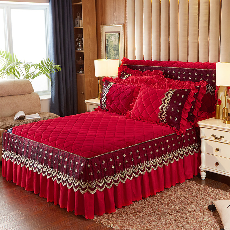 New Products Warm Grip Cotton Flannel Velvet Bed Skirt Thickened Single Bed Hood Single three-four-piece set 1 5m1 8 m