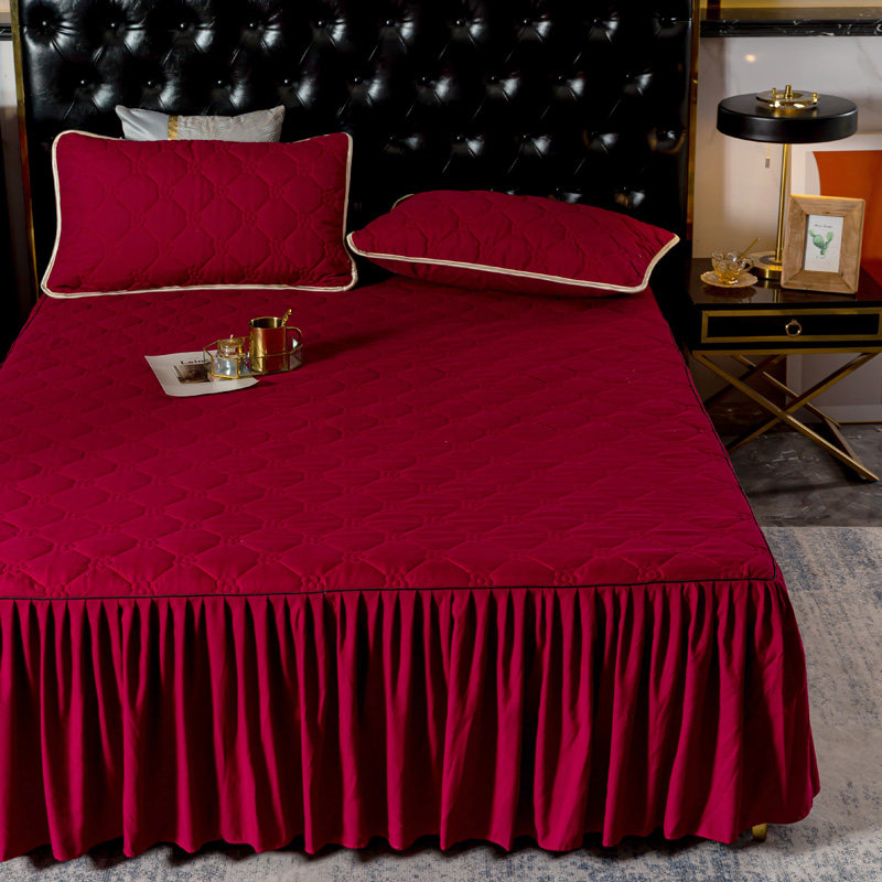 Wedding Festive Red Thickened Bed Dress Three Sets Home Pure Color 1 5m1 8m2 Clip Cotton Bed Hood Non-slip Bedsheet