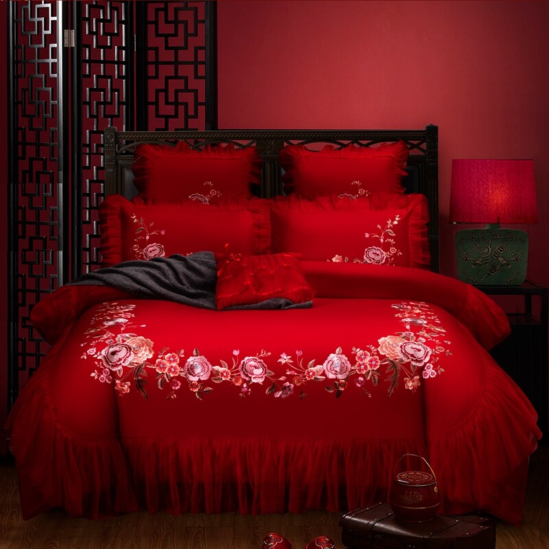 Korean version wedding celebration big red cotton six-piece cotton embroidery lace bed skirt bed cover sheet 1 8m 2m