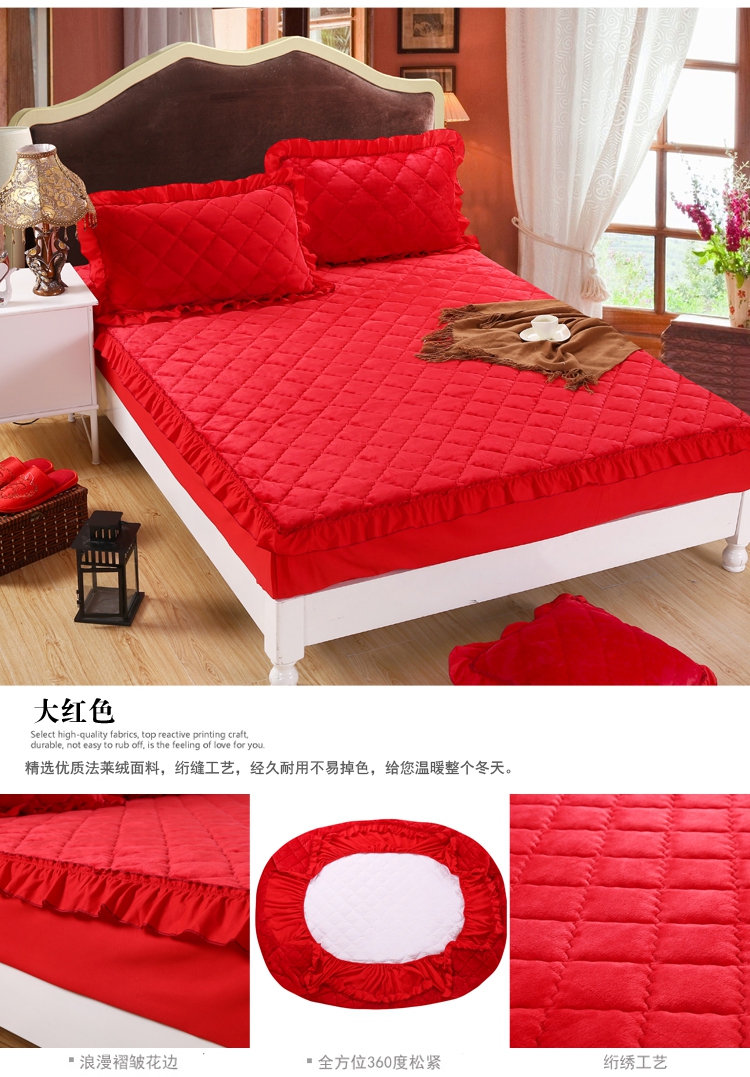 Đám cưới lớn màu đỏ dày nhung bông chăn đơn bộ nệm giường mùa thu và mùa đông ấm áp bộ ba hoặc bốn bộ Ga chun chần Everon