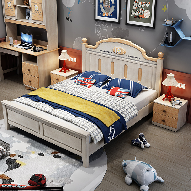 American-style solid wood children's bed teenager boy 1 5 meters single bed modern minimalist 1 2 children's suite combination