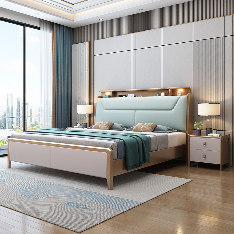 Nordic solid wood bed modern minimalist soft bedside storage 1 8 meters double night light charging 1 5 single master bed
