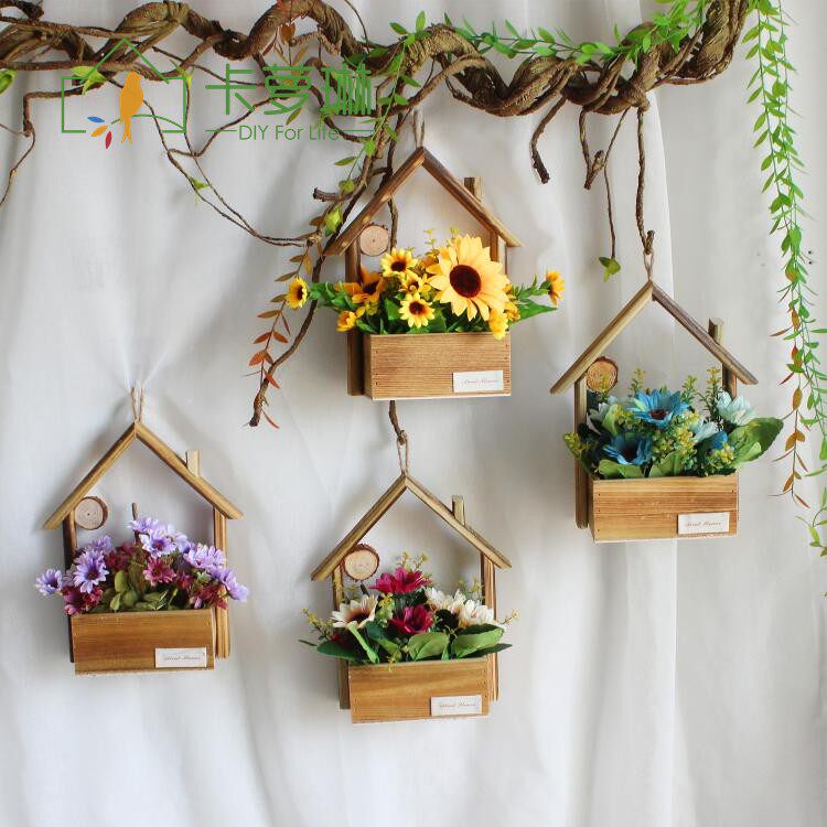 Wall-mounted wooden hut flower tray Multi-meat plant handicraft pendulum decoration hanging decoration dining room Bedroom wall decoration simulation flowers