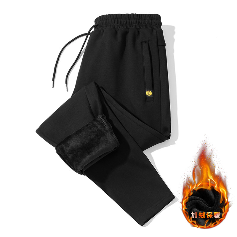 Winter casual pants male straight drum pure cotton plus suede thickened sports warm draw rope large size for middle-aged dad pure color pants