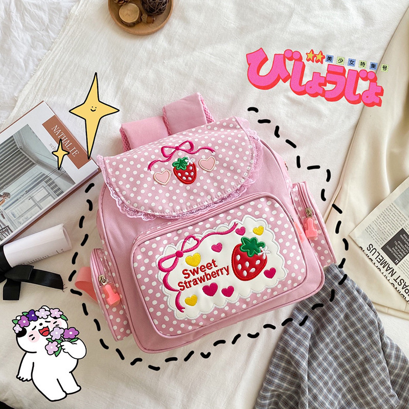 Japanese-Style Ins Soft Girl Sweet Ladylike Cute Embroidered Fruit Strawberry Lace Girl Student Backpack School Bag for Women Japanese-Style Ins Soft Girl Sweet Ladylike Cute Embroidered Fruit Strawberry Lace Girl Student Backpack School Bag for Women