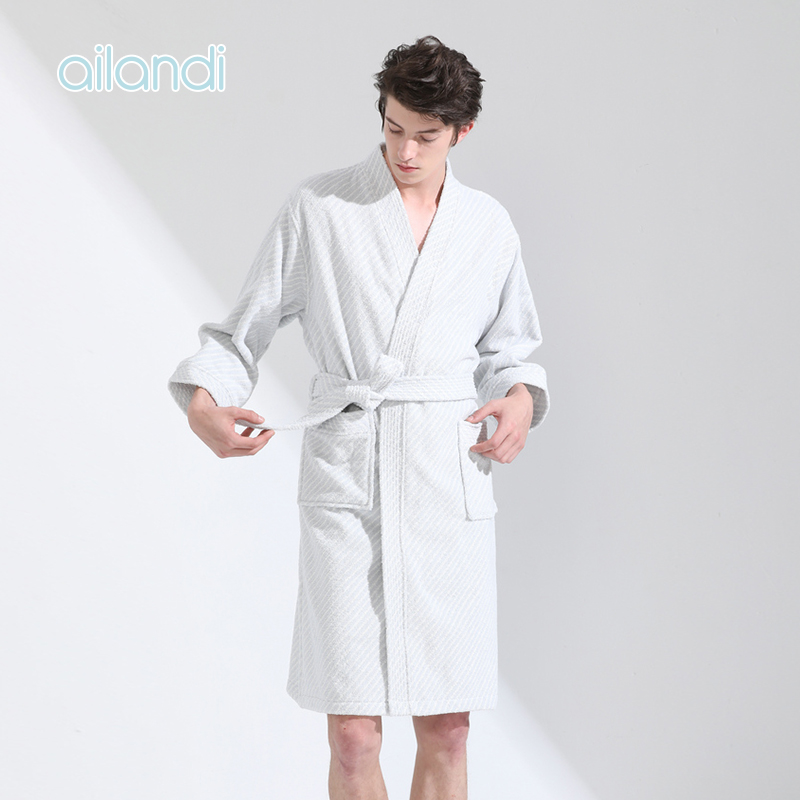 AILLANDI Pure Cotton Skew Striped Jacquard Towel Material Sleeping Robe Home Morning Gown Bath Skirt Lovers Bathrobe
