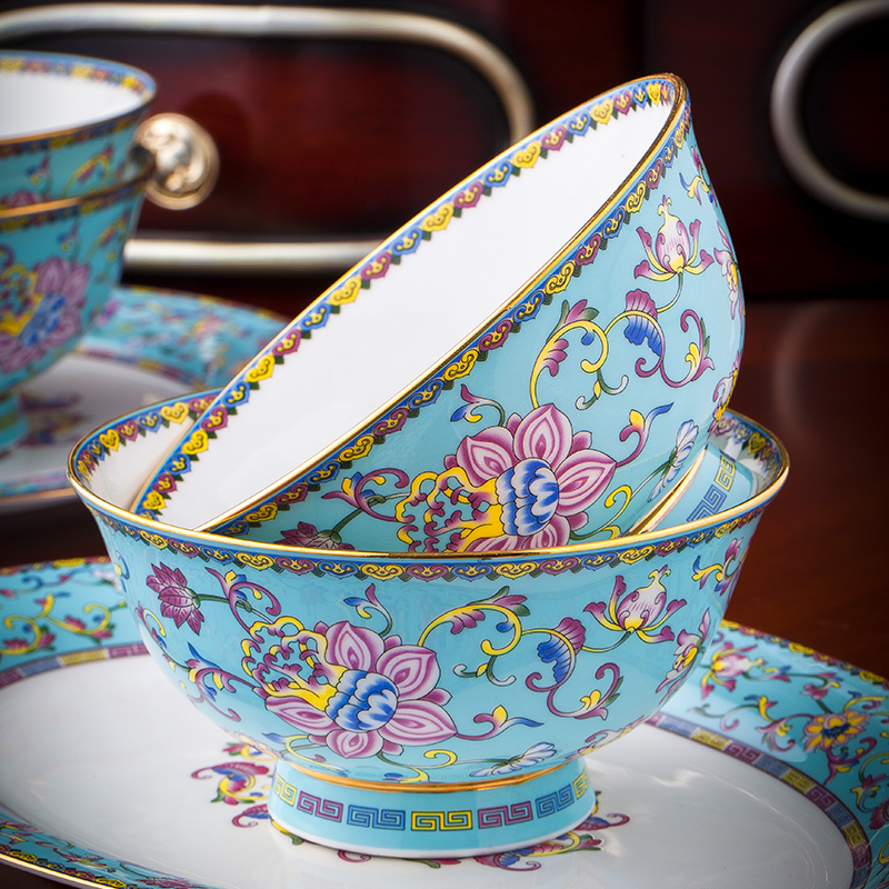 Jingdezhen dishes colored enamel tableware suit household European - style combination ipads bowls dish bowl chopsticks high - grade ceramic bowl