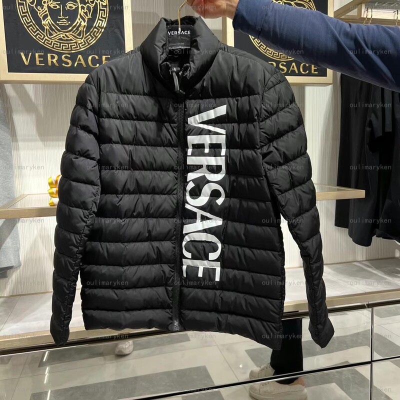 Italian Outlet Versace First-Line Men's Large Logo Thin Stand-Up Collar down Jacket, Black, Size 48