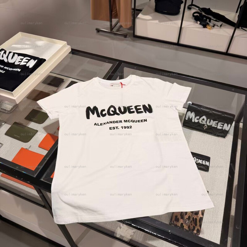 Italian Outlet Mcqueen/Mcqueen Women's Round Neck Short-Sleeved T-Shirt with Large Logo, White, Size 42