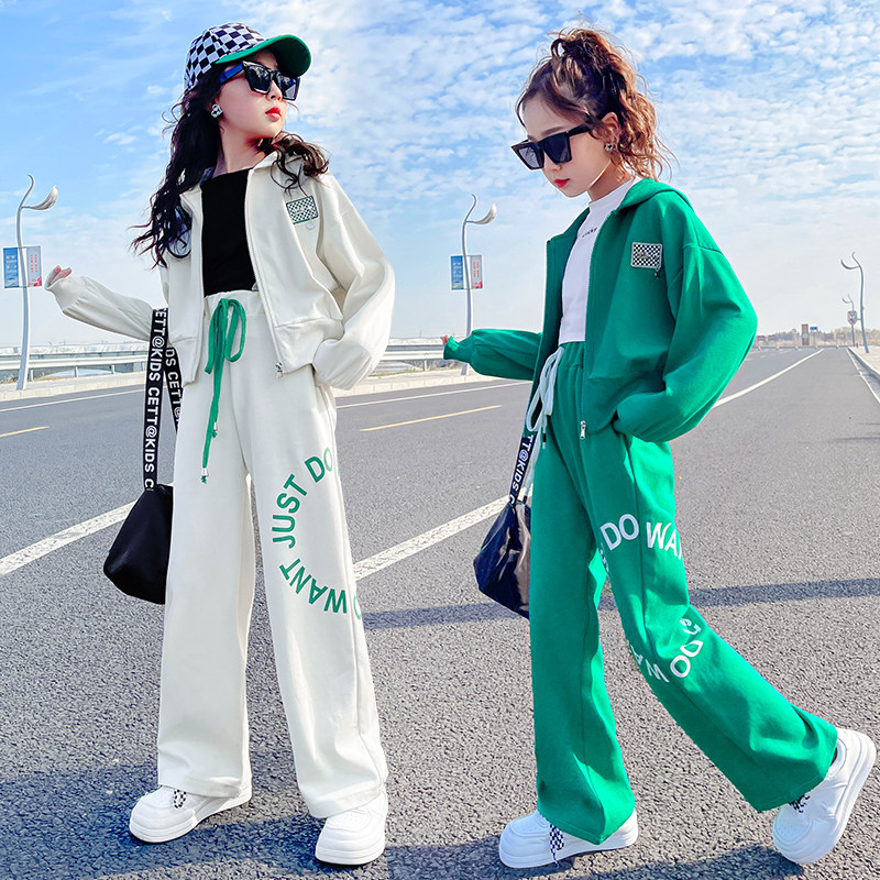 Girl Clothing Trendy Suit Foreign Pie 2022 New CUHK Child Spring Clothing Spring With Broad Leg Pants Sport Two Suits Tide