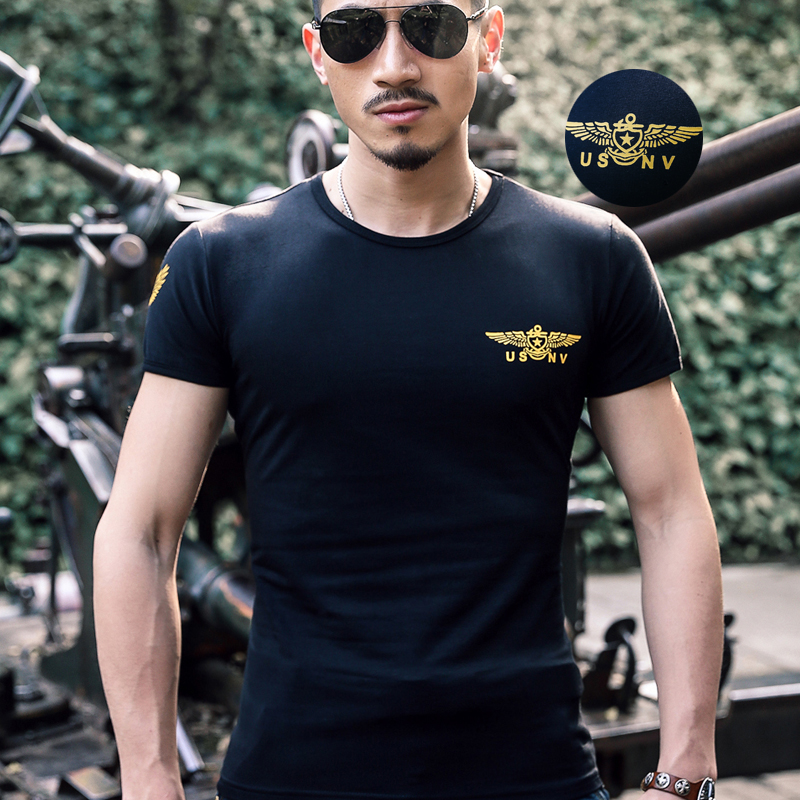 Outdoor sports wolf head marines round neck V-neck men's tight elastic fitness training short-sleeved T-shirt