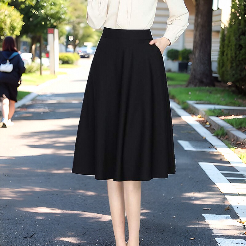 Autumn Thin Mid-Length Sun Skirt High-Waisted Skirt Elastic Flared Skirt Elastic Waist Pocket Pleated Women's Black Skirt