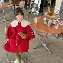 lovi girls clothing winter new big red big lapel clip cotton petal collar bud sleeves loose coat coat