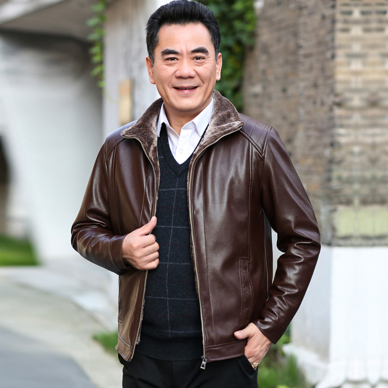 威登俊虎 中年男士皮衣 加绒夹克 图1