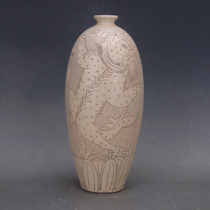 Song Dynasty Cizhou kiln white glaze olive vase engraved with mythical animals and carved flowers Antique porcelain unearthed antique antique collection ornaments