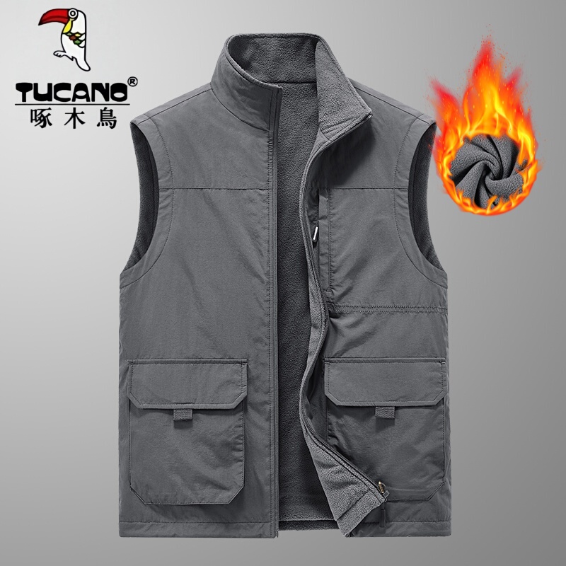 Tucano Woodpecker Multi-Pocket Fleece Vest for Men, Autumn and Winter Warm Stand-Up Collar Vest, Large Size