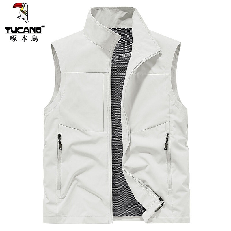 Woodpecker Stand-Up Collar Vest for Men, Spring and Autumn Thin Breathable Outdoor Multi-Pocket Zipper Casual Vest for Summer