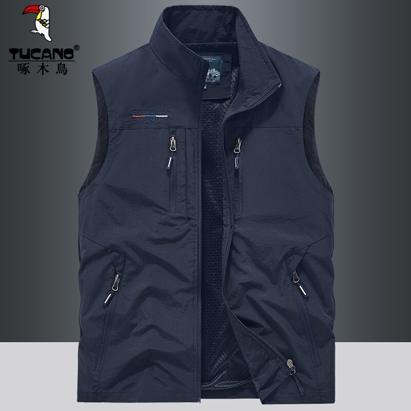 Woodpecker Brand Men's Vest for Spring and Autumn, Thin and Breathable, Outdoor Casual Multi-Pocket Stand Collar Vest, Summer