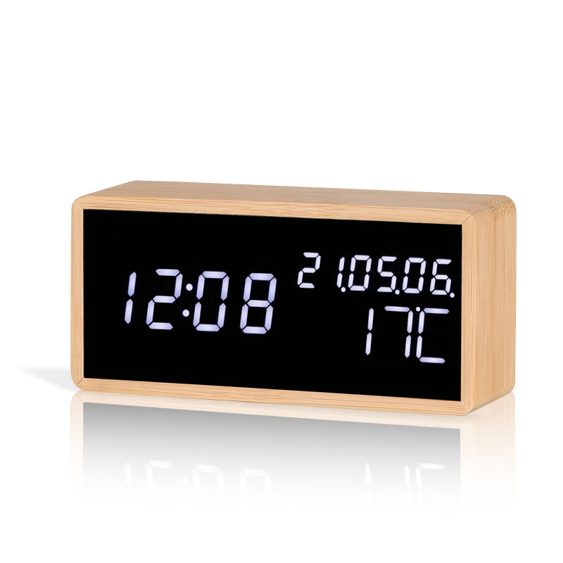 Perpetual calendar electronic alarm clock Mirror silent clock Wooden table European desktop clock Bedroom bed head luminous alarm table