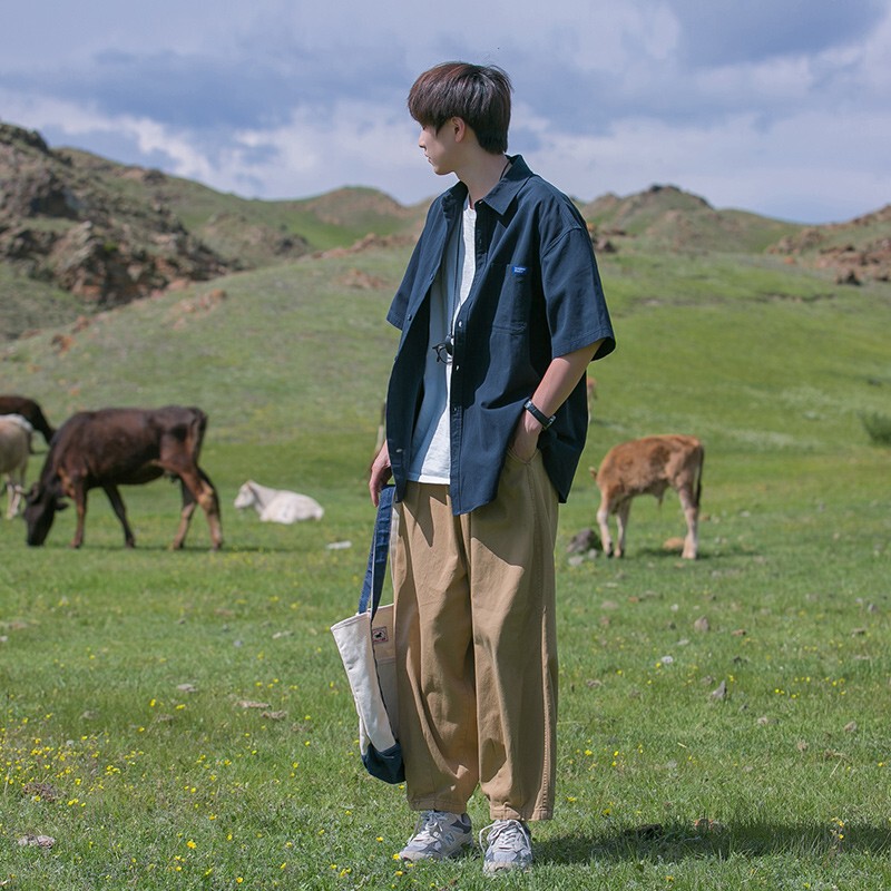 Japanese Style Boyish Short-Sleeved Shirt for Boys Summer Thin Trendy Brand Loose Half-Sleeved Handsome Work Shirt Jacket