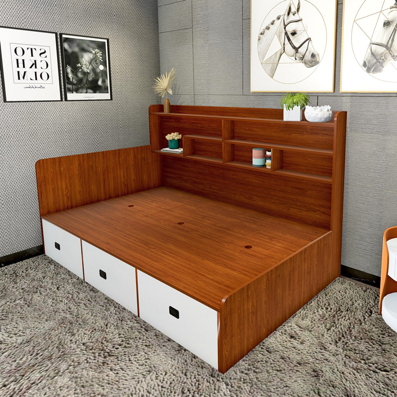 Bookshelf bed integrated against the wall side cabinet tatami with drawer heightened box single 1 m 2 storage multifunctional solid wood bed