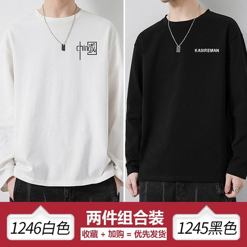 Мужской осенний лонгслив, осенняя трендовая модная хлопковая футболка с круглым воротником