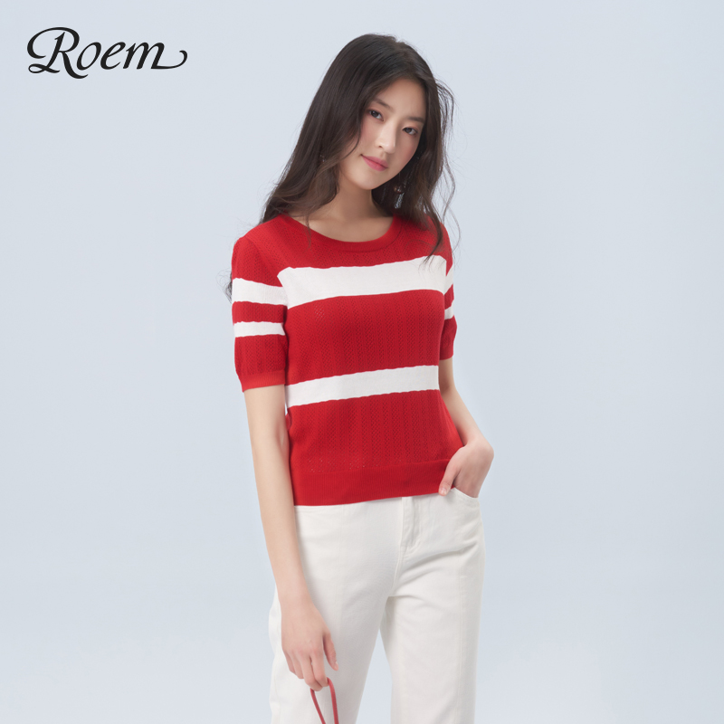 Roem Summer Ladies Fashion Hit cổ tròn ngắn tay Sauing RCKW92501C