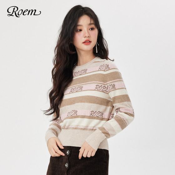 Roem 가을, 겨울 쇼핑몰 같은 스타일 라운드 넥 달콤한 게으른 스타일 대비 색 줄무늬 편지 인쇄 여성용 다목적 스웨터