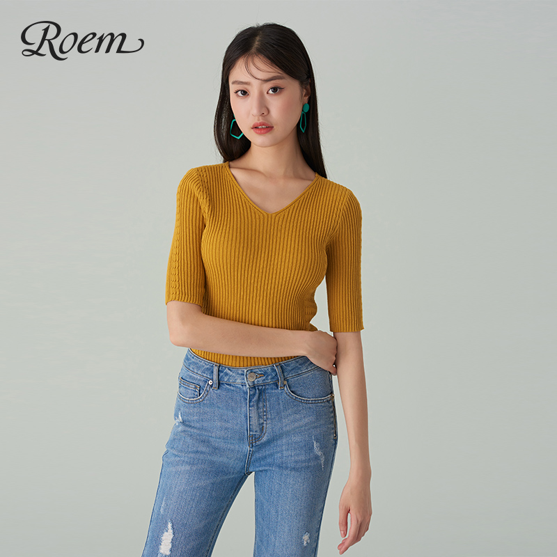 Roem đơn giản cơ thể lăm tay sửa chữa áo len cổ chữ V áo len RCKW93803L phụ nữ mùa thu