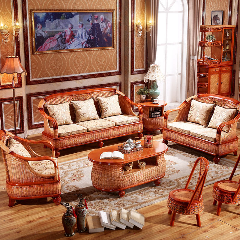 Rattan sofa combination living room complete balcony five-piece set rattan three-person rattan chair sofa rattan wood furniture rattan sofa