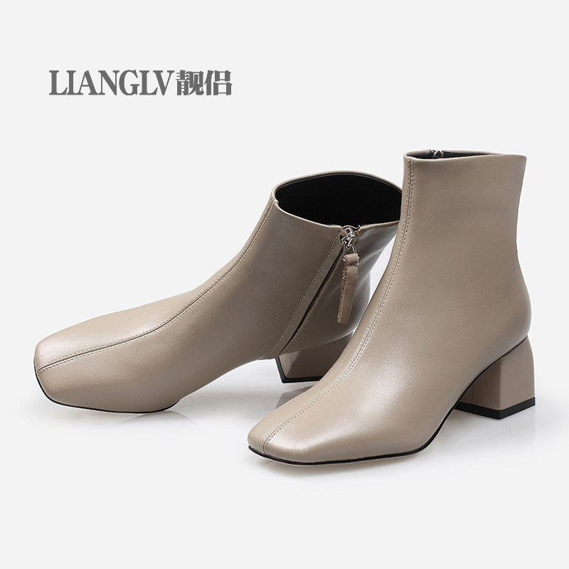French short boots women's square toe thin spring and autumn single boots thick heel bare boots leather boots autumn and winter high-heeled Martin boots