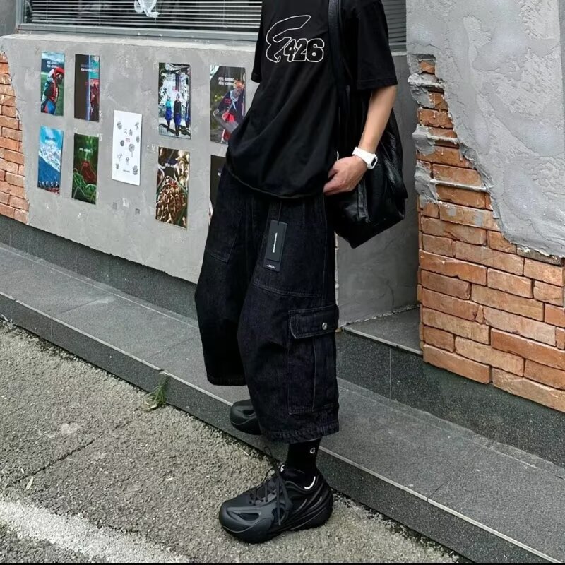 American Workwear Style Black Wide-Leg High-Street Jeans for Men, Loose Straight-Leg Cropped Pants, Trendy Versatile Work Shorts American Workwear Style Black Wide-Leg High-Street Jeans for Men, Loose Straight-Leg Cropped Pants, Trendy Versatile Work Shorts
