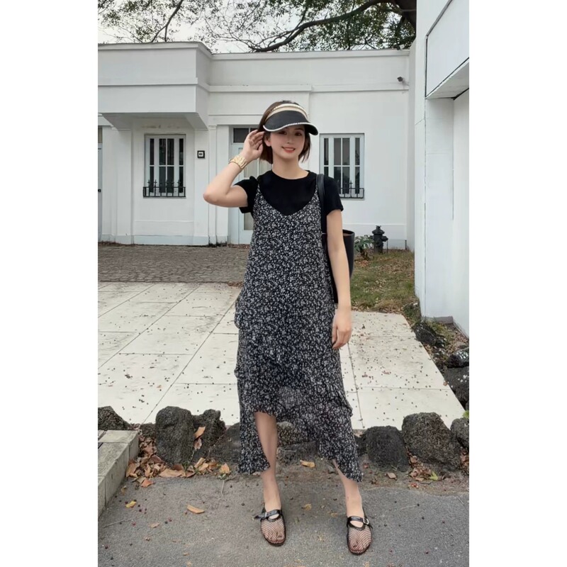 Nanakiki【Little Daisy】French Style Lazy and Gentle Asymmetrical Jasmine Suspender Dress Summer Kk-6683