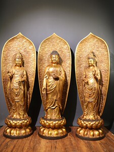 Old Bronze Gilded Gold Western Trinity South No Mahasthamaprapta South No Amitabha Buddha South No Guanyin Bodhisattva