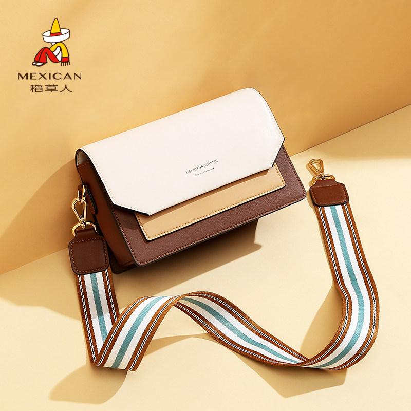 Rice straw man bag woman 2021 new single shoulder inclined satchel fashion 100 hitch wide shoulder strap small square bag autumn winter