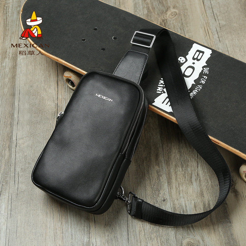 Rice Straw Man Chest Bag Men Genuine Leather Skew Satchel Casual Fashion Tide Card Single Shoulder Baotou Layer Bull Leather small Bag Men Bag