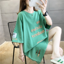 2021 new fat mm loose large size maternity dress summer medium-long embroidered short-sleeved T-shirt womens top base shirt