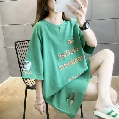 2021 new fat MM loose size maternity women's summer long version embroidery short sleeve t-shirt women's coat base shirt