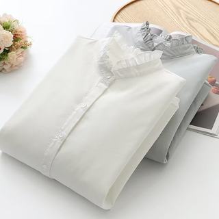 2025秋冬加绒保暖长袖衬衫女韩版宽松木耳边立领加厚女士衬衣上衣