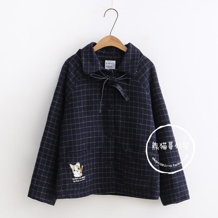Kẻ sọc len áo khoác nữ ngắn đoạn lỏng sinh viên dễ thương bow tie bạn gái nạp mềm chị dày mùa thu và mùa đông mới áo khoác dạ nữ