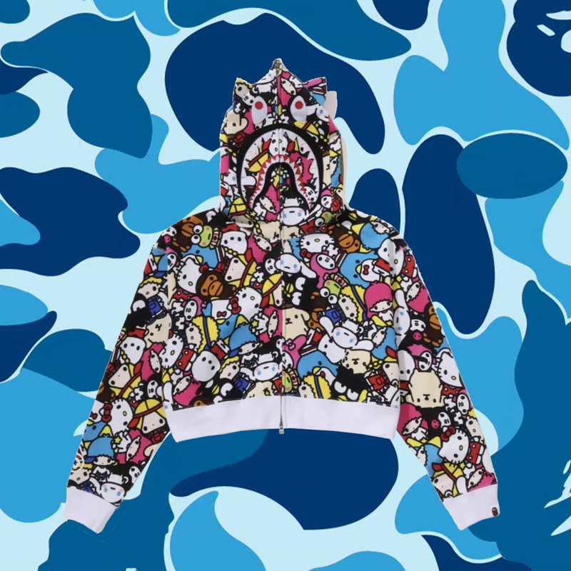 American Retro All-Over Printed Cartoon Shark Hooded Sweatshirt for Men and Women in Autumn and Winter Y2K Navel-Baring Casual Zipper Cardigan Jacket