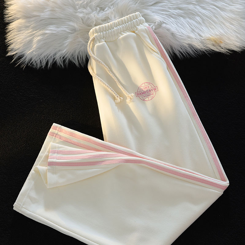 2024 New Straight-Leg Casual Pants American Style Fleece-Lined Pants for Women Autumn and Winter Loose Lazy Style Milky Apricot Color Sports Sweatpants