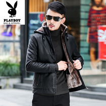 Flower Playboy fur coat mens gush leather jacket with cap leather hair integrated mens locomotive clothes winter blouse jacket thickness