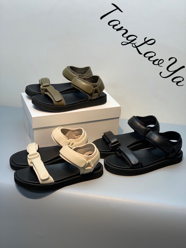 Minimalist Sports-Style Casual Beach Sandals with Velcro Straps, Genuine Leather, Open-Toe, for Women