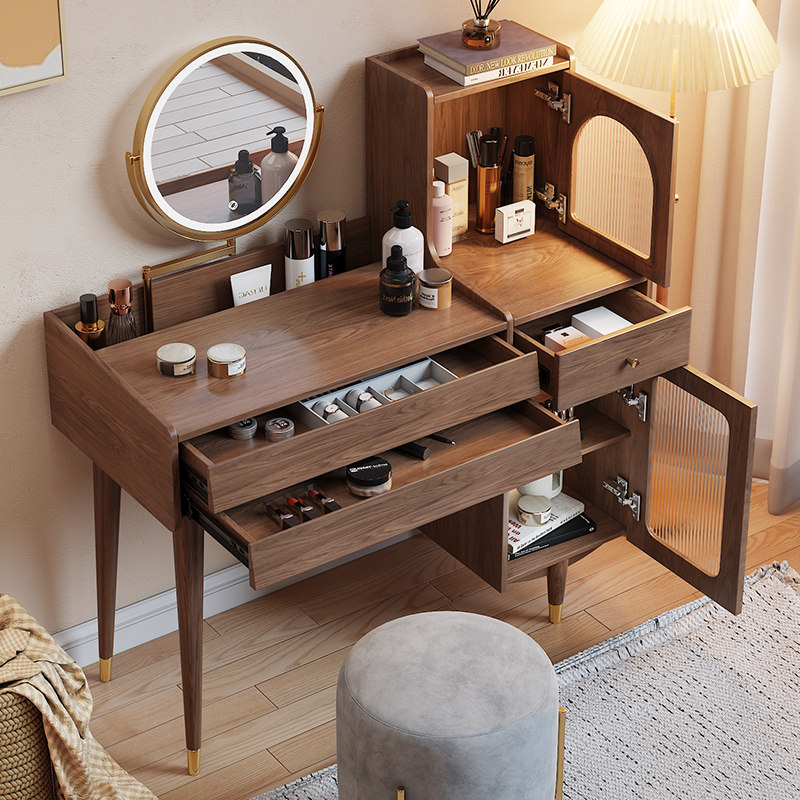 Modern minimalist makeup table desk in Nordic bedroom small household retro-cosmetic table container with lamp mirror