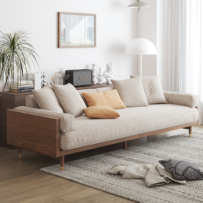 Day-style solid wood cloth art sofa small family style living room light extravagant modern minimalist tech cloth white wax wood double trio sofa