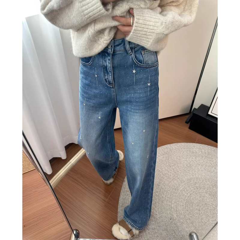 2026 New Star Butterfly Rhinestone Straight-Leg Jeans for Women, Plus Size, Wide-Leg Pants with Sparkling Rhinestones